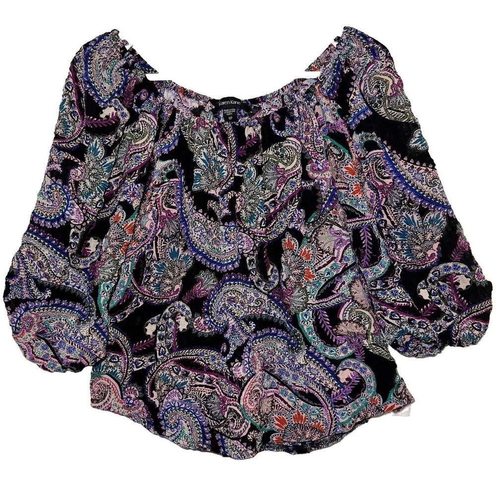 Karen Kane SP Petite Majestic Magenta Paisley Blouson Peasant Blouse Made USA